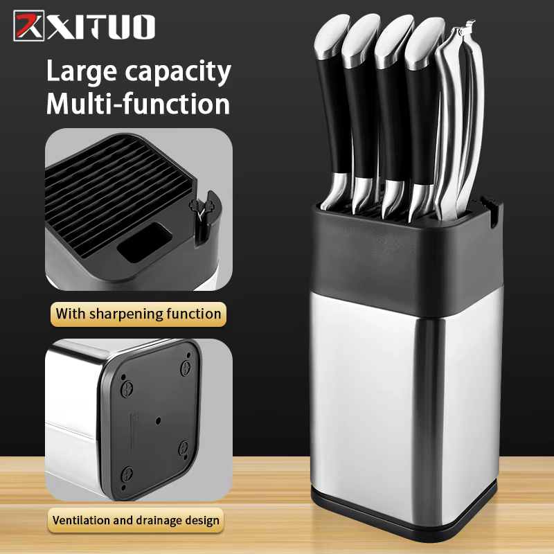 XITUO – porte-couteau sur pied multifonction en acier inoxydable, pour couteaux de cuisine, avec bor