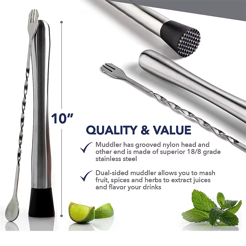 LMETJMA 10 pouces acier inoxydable Cocktail Muddler et cuillère à mélanger professionnel Bar Cocktai