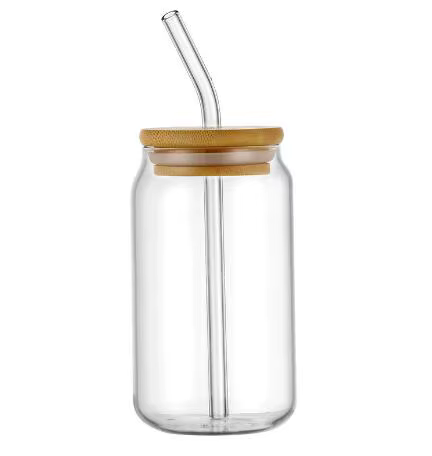 La tasse à boire en verre de 16 oz est livrée avec un couvercle en bambou et une paille en verre ada