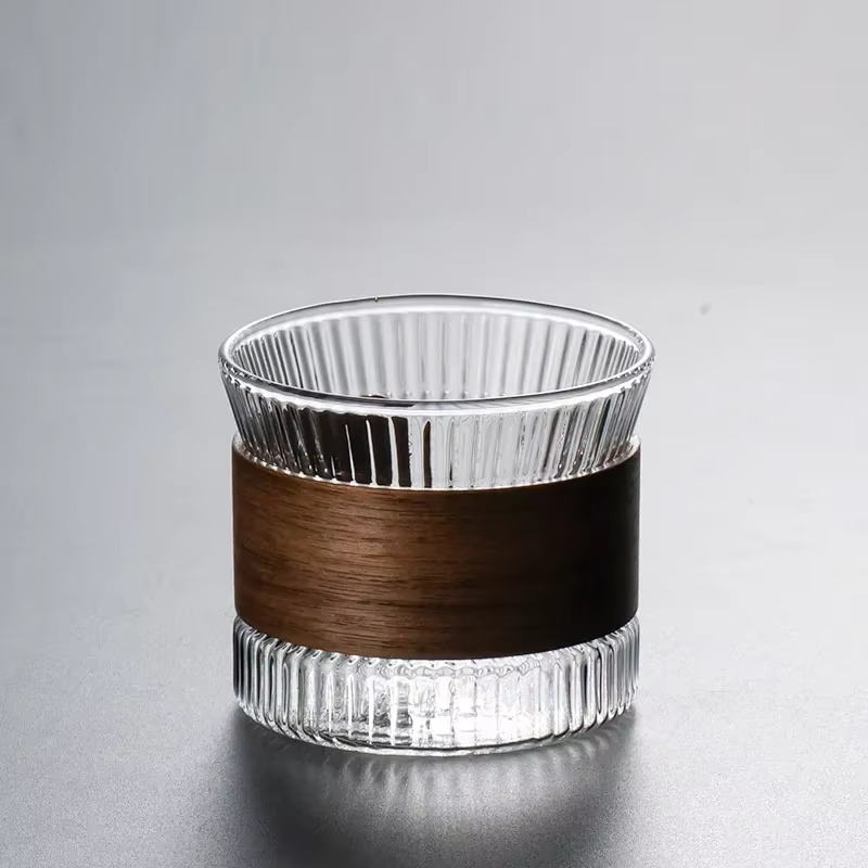 Tasse à café en verre de Style japonais, manchon de tasse en noyer, tasse transparente Kawaii, beaux