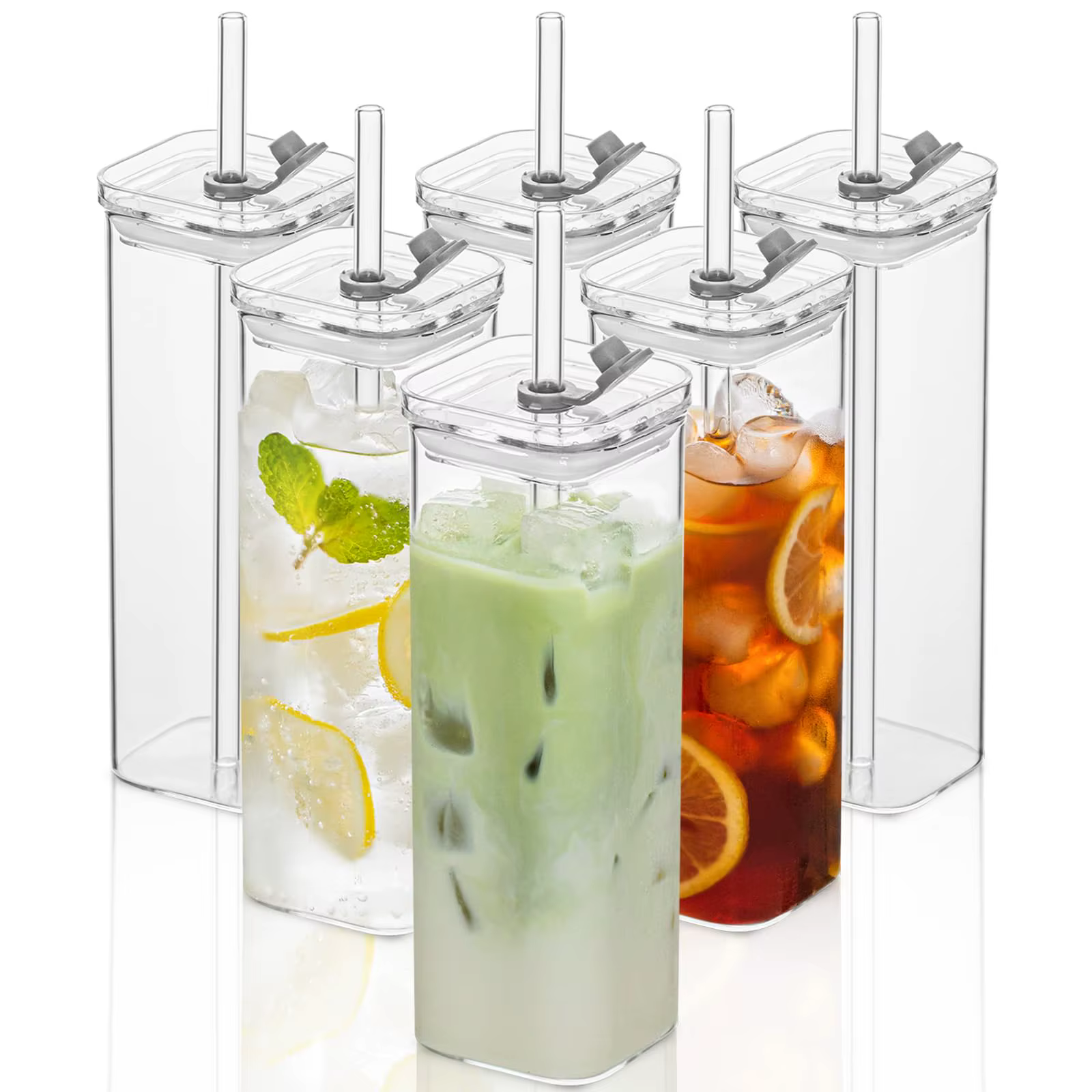 Lot de 6 verres carrés avec couvercles et pailles, verres highball transparents de 355 ml pour cockt