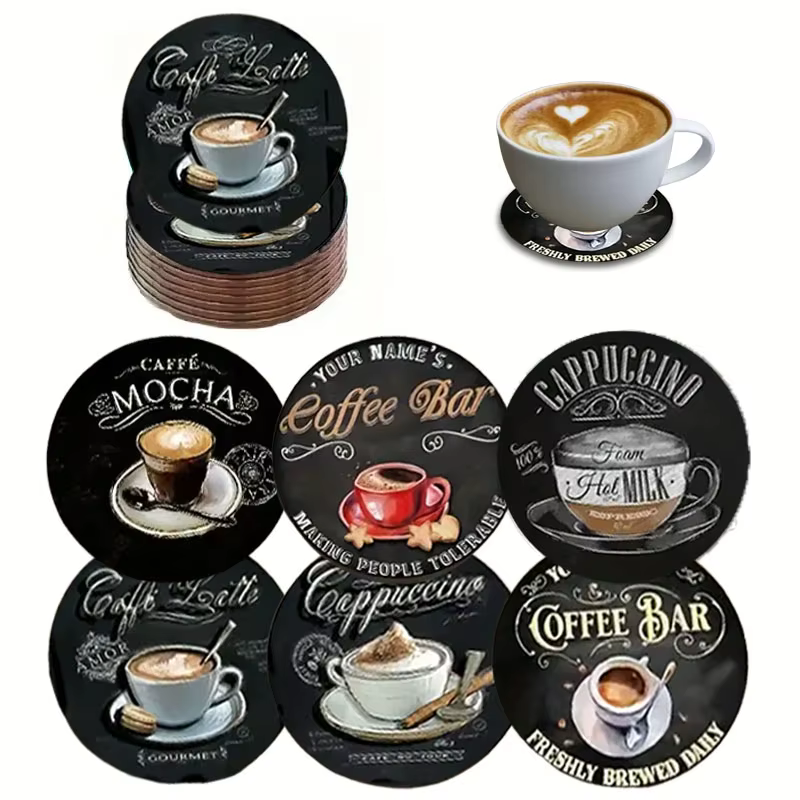 6 ensembles de sous-verres antidérapants en bois avec motifs de tasses à café, adaptés à la décorati