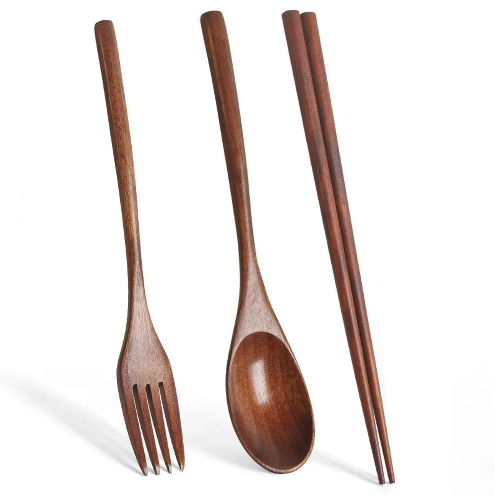 Ensemble de couverts en bois naturel durable 3 pièces, portable, fourchette, couteau, cuillère, bagu