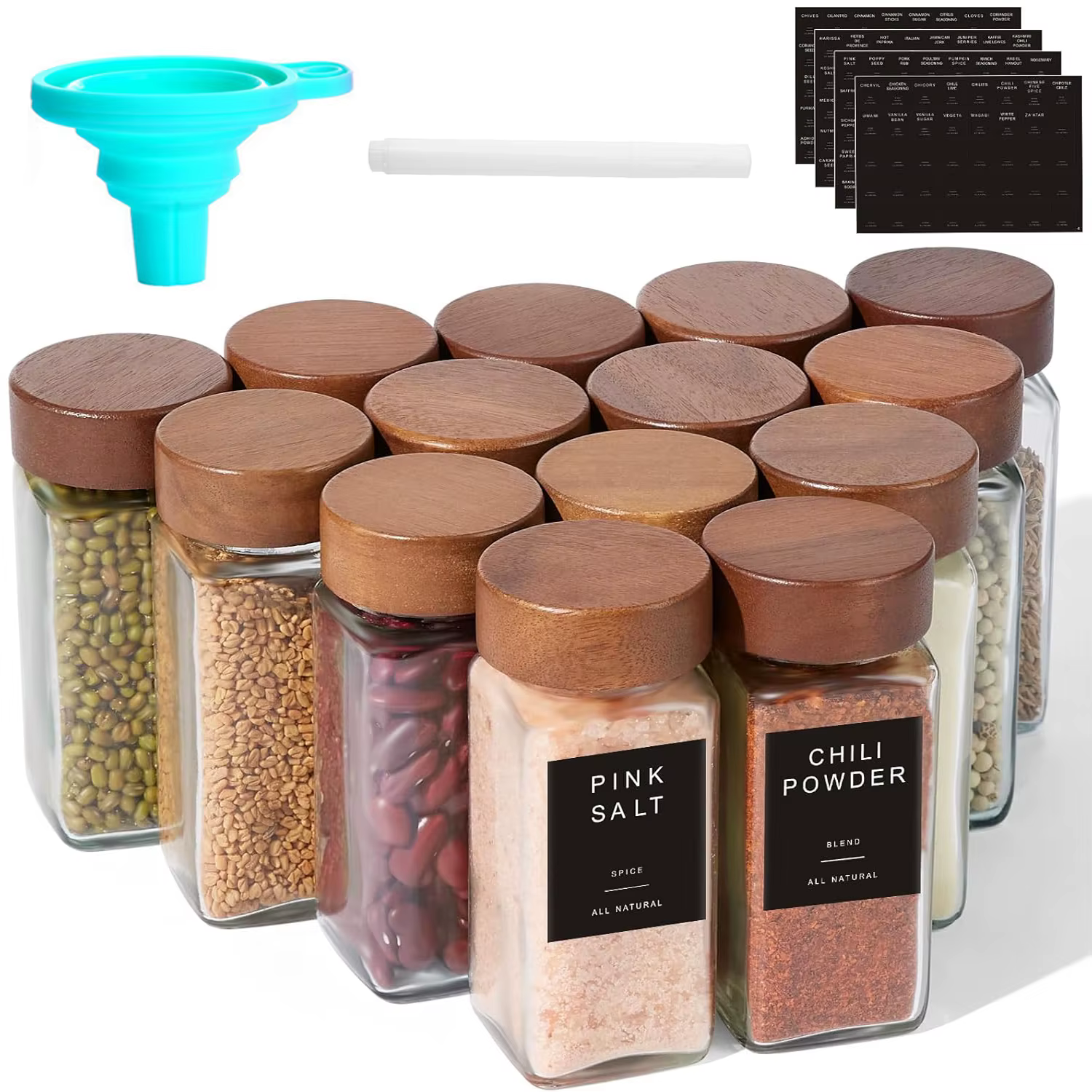 Glass vanilla seasoning jar with solid wood seasoning jar lid, labeled seasoning container, sealed e