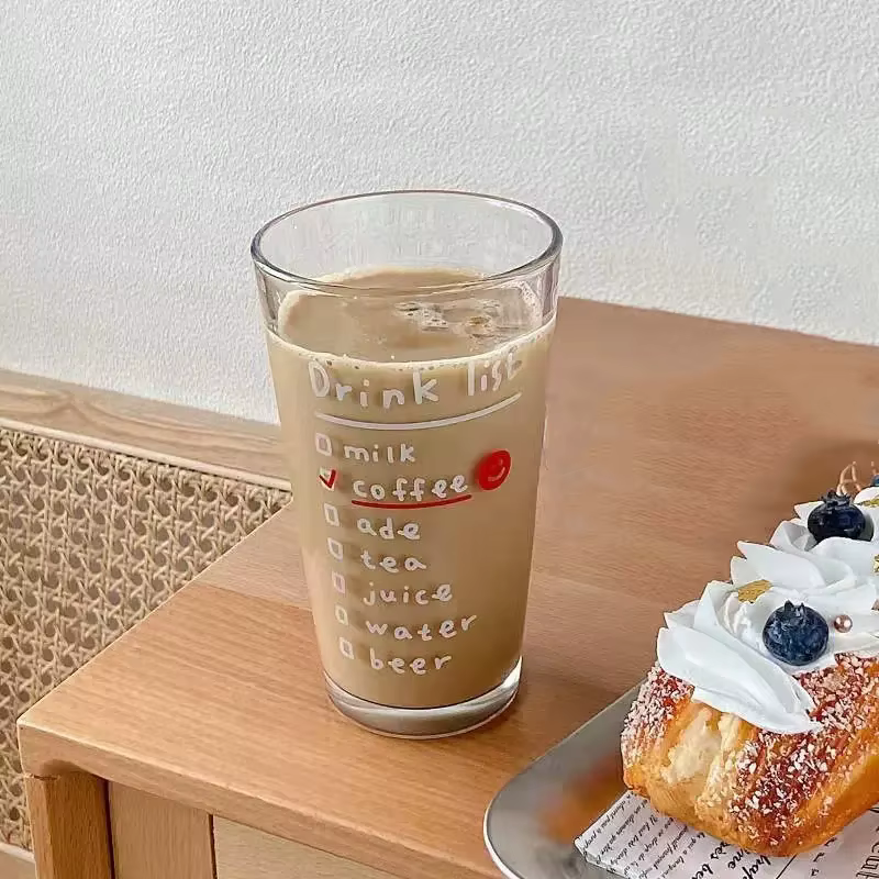 Bouteille d'eau en verre avec paille et couvercle, jolie lettre coréenne, 480ml, Simple, café, lait,