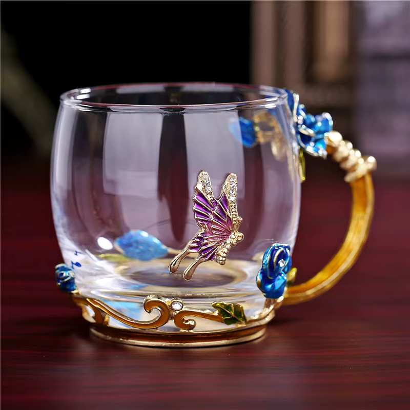 Tasse d'eau en verre émaillé en relief fleur de Rose, tasse d'eau en verre cadeau mignon