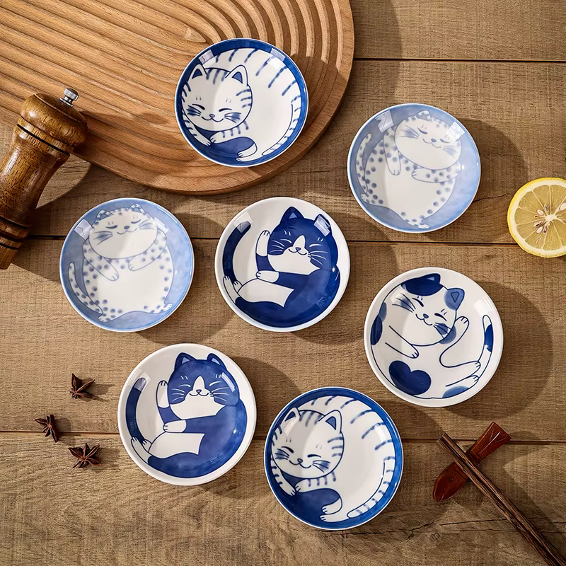 Plat à Sauce à Dessert en céramique de Style japonais, vaisselle créative et mignonne, motif de chat
