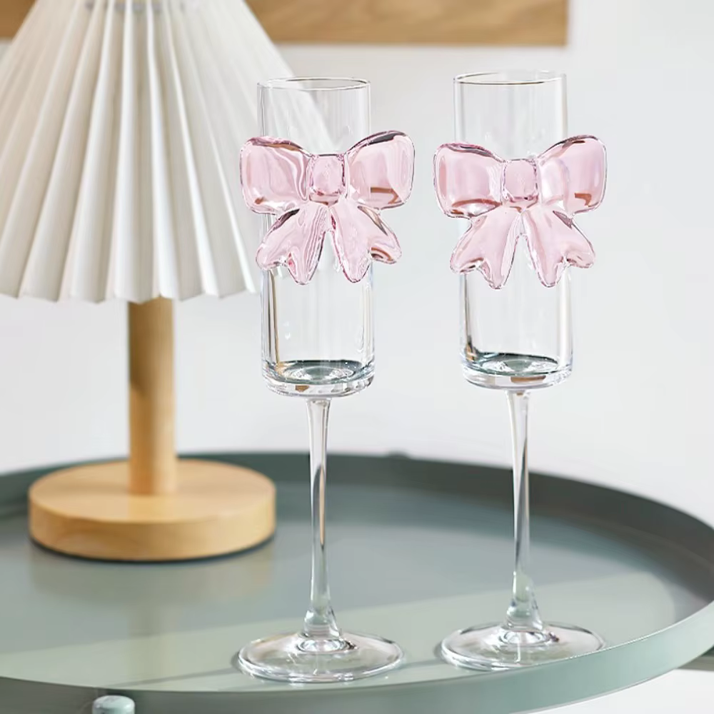 Verre à Champagne avec nœud rose clair, 2 pièces, nœud 3D, flûtes à Champagne Ultra fines, verres à 