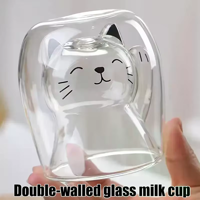 Mug à café en verre avec motif de chaton mignon, mug à lait en verre à double paroi. Parfait pour le