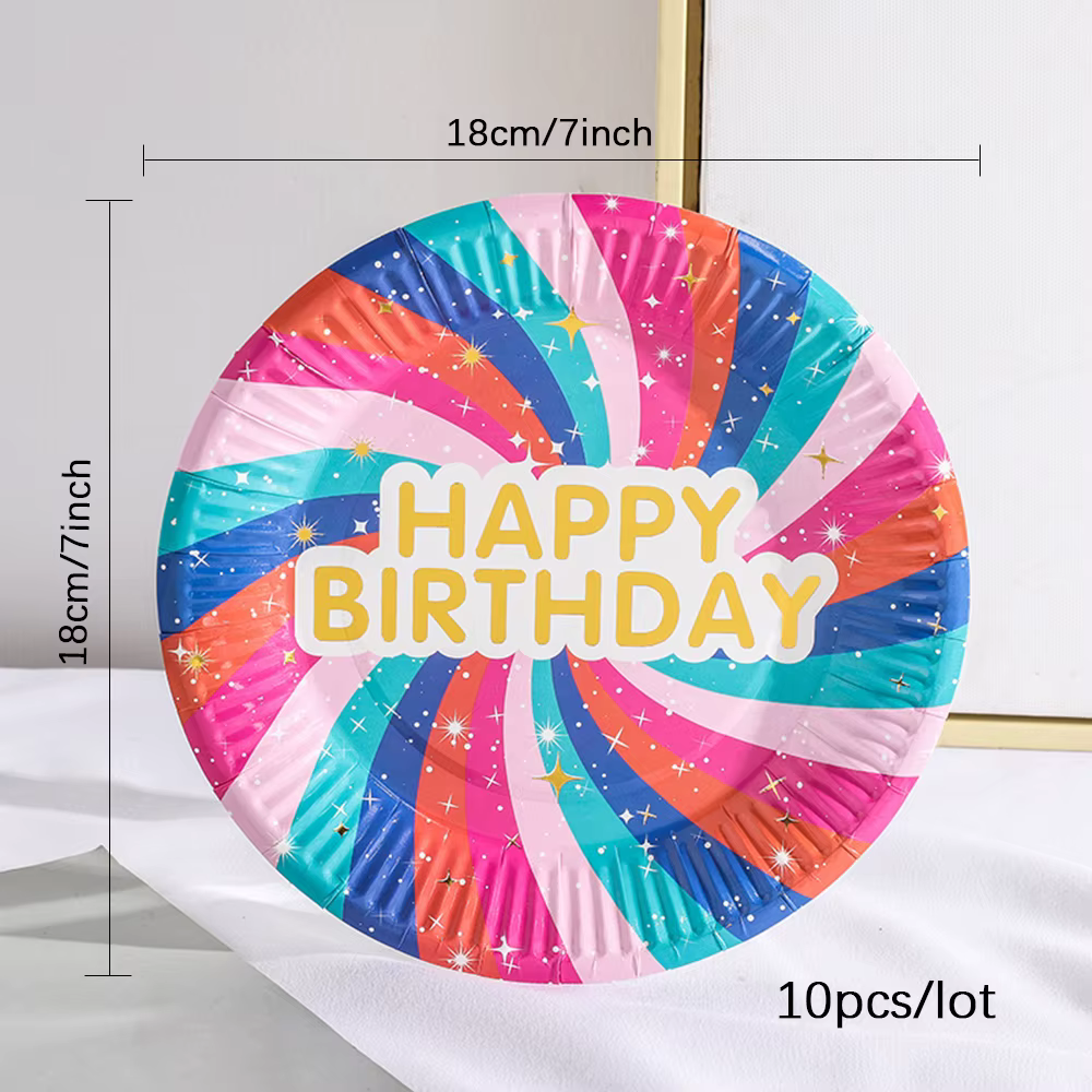 Assiettes rondes en papier jetables multicolores de 7 pouces, 10 pièces, décoration de fête d'annive
