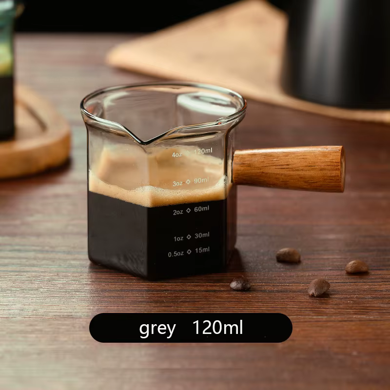 YWDL Tasse à mesurer en verre pour expresso 120 ml avec poignée en bois, carafe à lait hexagonale, a