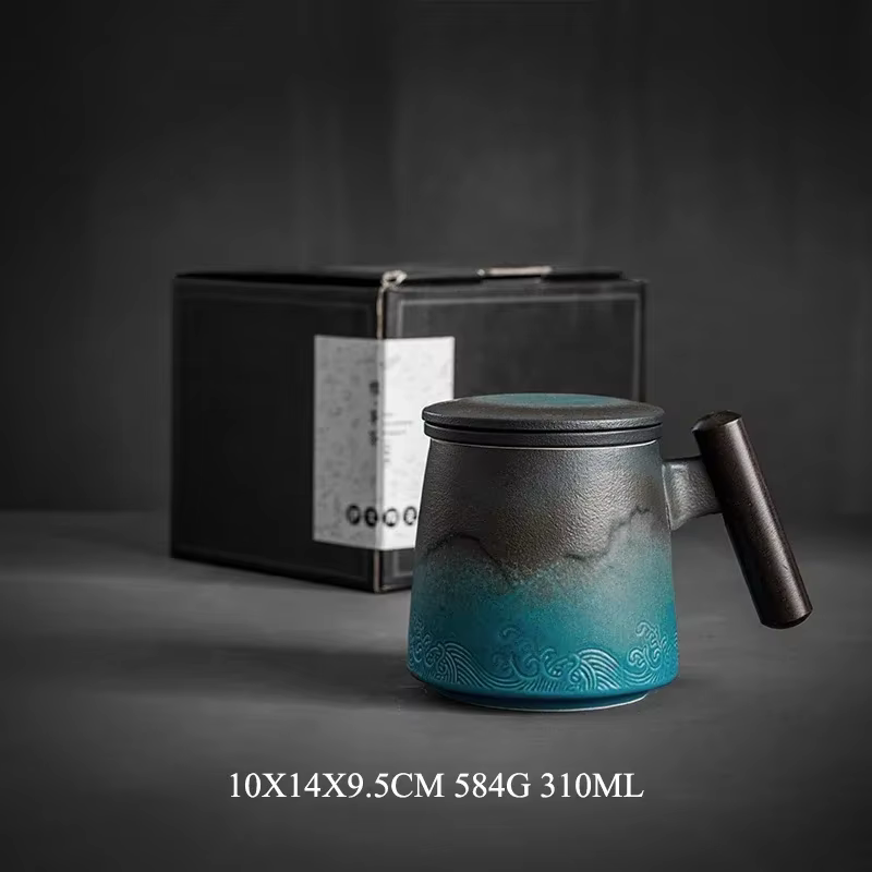 Tasse à café en céramique rétro, tasse à eau de bureau, filtre à eau, tasse à thé avec couvercle, ta