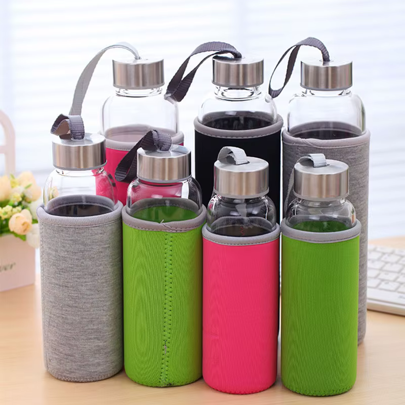 Bouteille d'eau en verre avec couvercle en acier inoxydable et sac de protection
