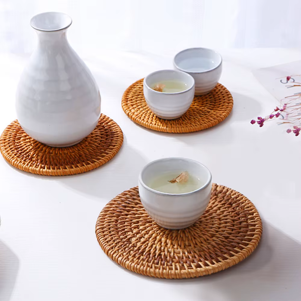 Set de Table Rond Rétro en Rotin Naturel Tissé