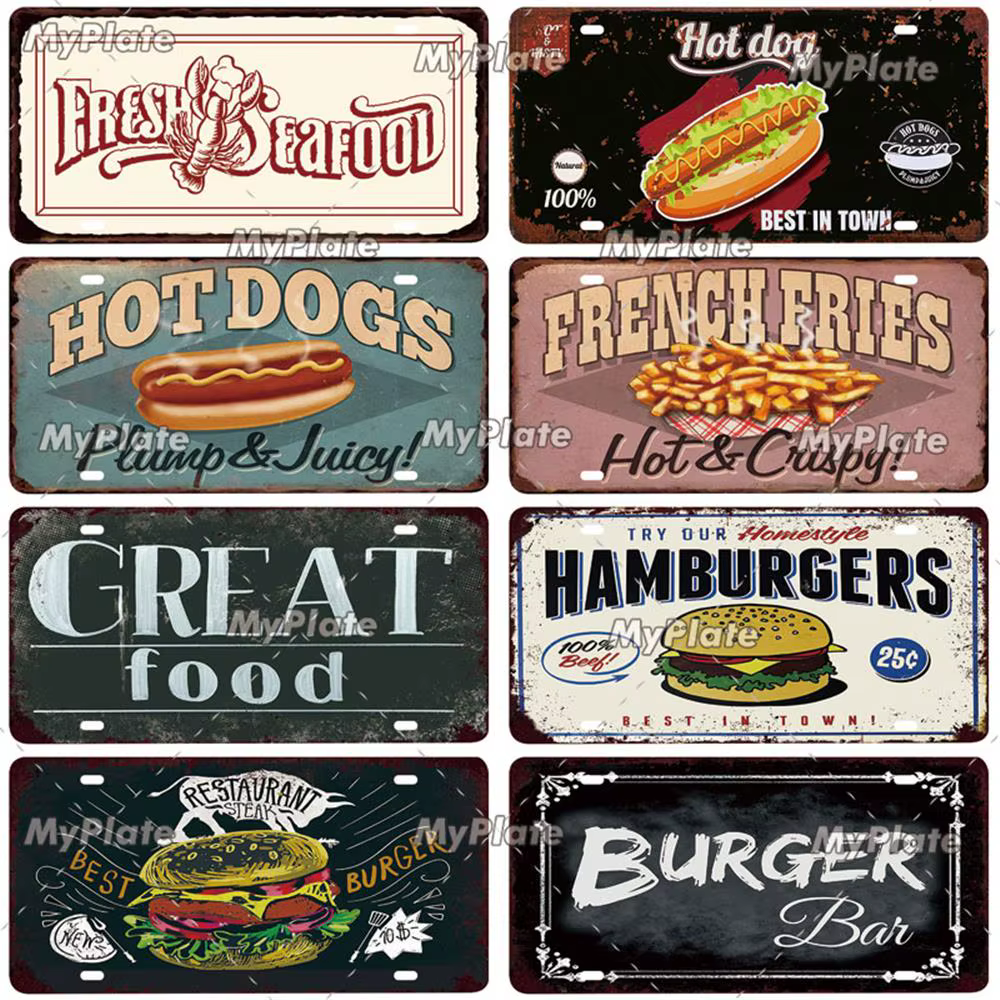 MyPlate-Plaque d'immatriculation vintage en métal Hamburger, décor de cuisine, plaque de bar, décoration murale de la maison, pizza, affiche cadeau, 18