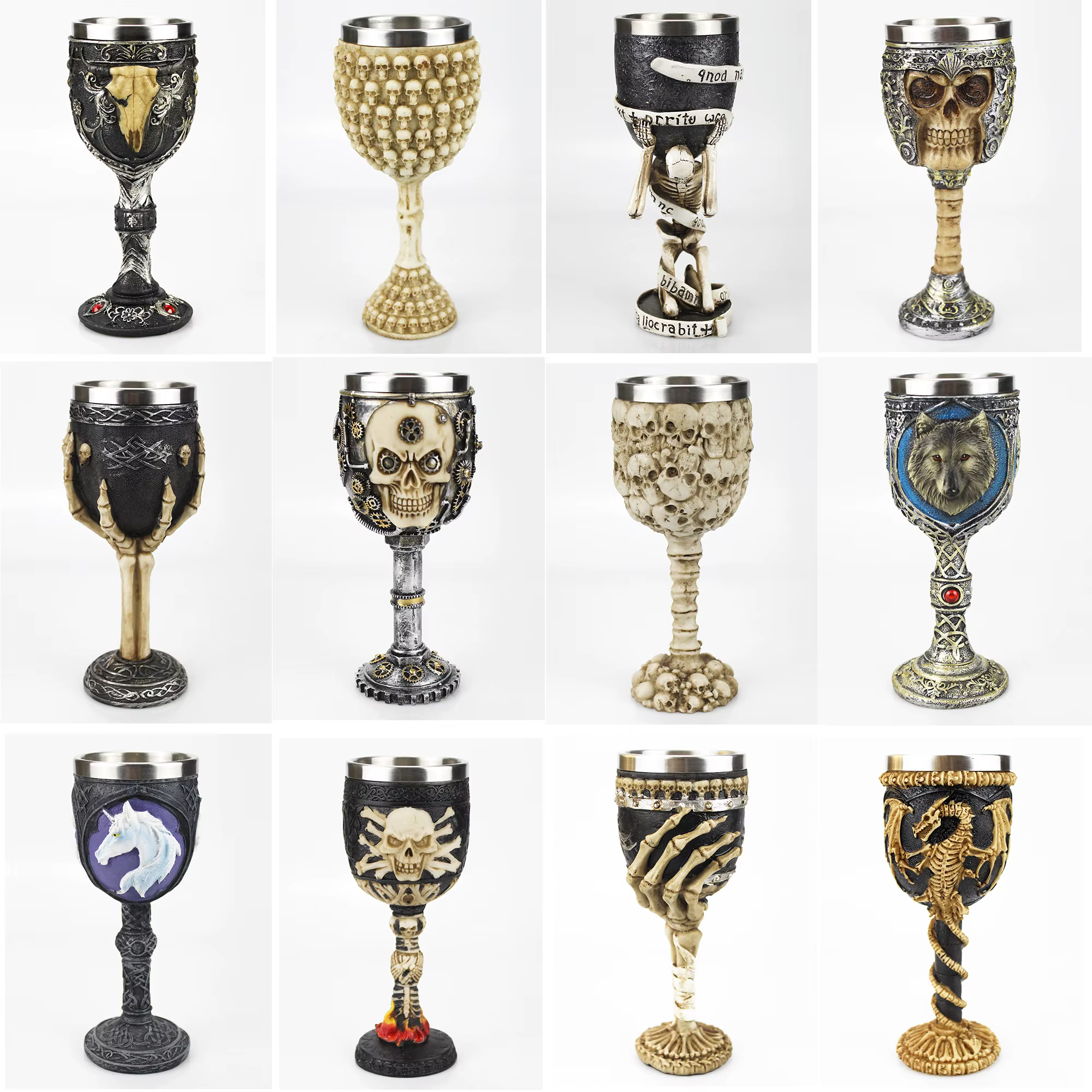 Gobelet gothique 3D Viking en acier inoxydable, crâne en résine, gobelet à vin, griffe de Dragon, squelette de colonne vertébrale, tasse à whisky, verre à vin pour Halloween