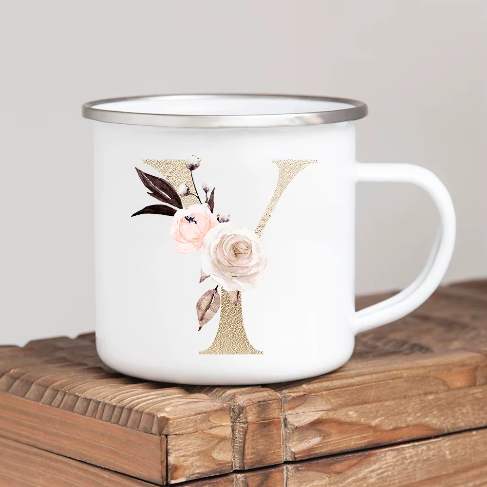 Tasses en émail vintage avec poignée, alphabet doré, fleurs, café à boire, bière, lait, thé, camping, randonnée, cadeaux, maison, bureau, standard
