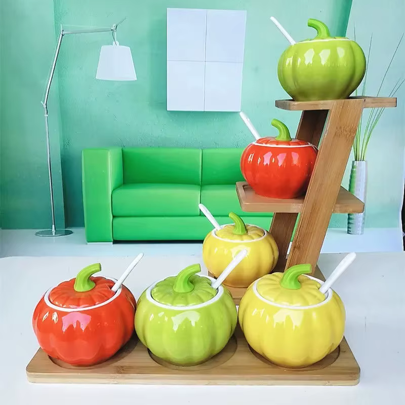 Ensemble de pots d'assaisonnement en céramique de Aliments avec cuillère