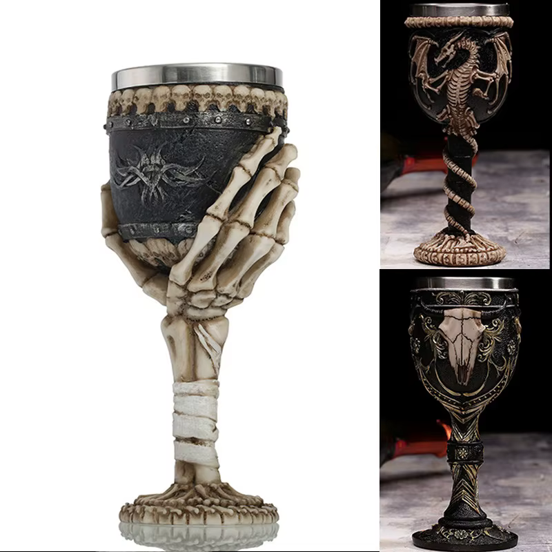 Verre à vin gothique Style contient crâne de chèvre Viking Dragon griffe doigt métal et résine