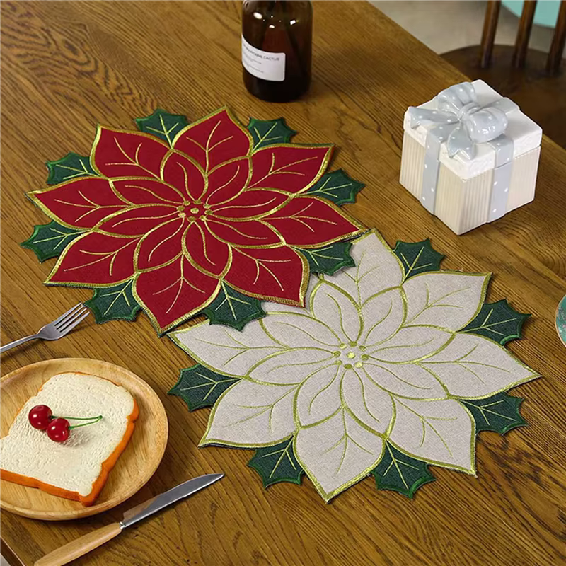 8X vacances noël napperons brodés appliques Poinsettia