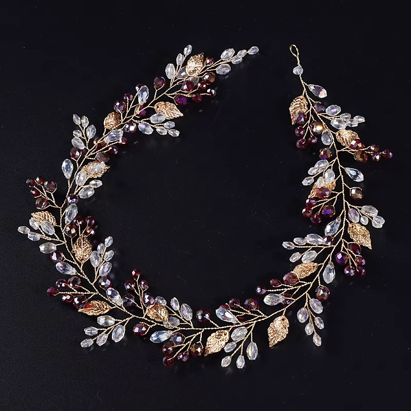 Coiffes de mariage en or pour mariée, bandeau de mariée fait à la main avec feuille, accessoires pour cheveux en cristal, vigne pour femmes