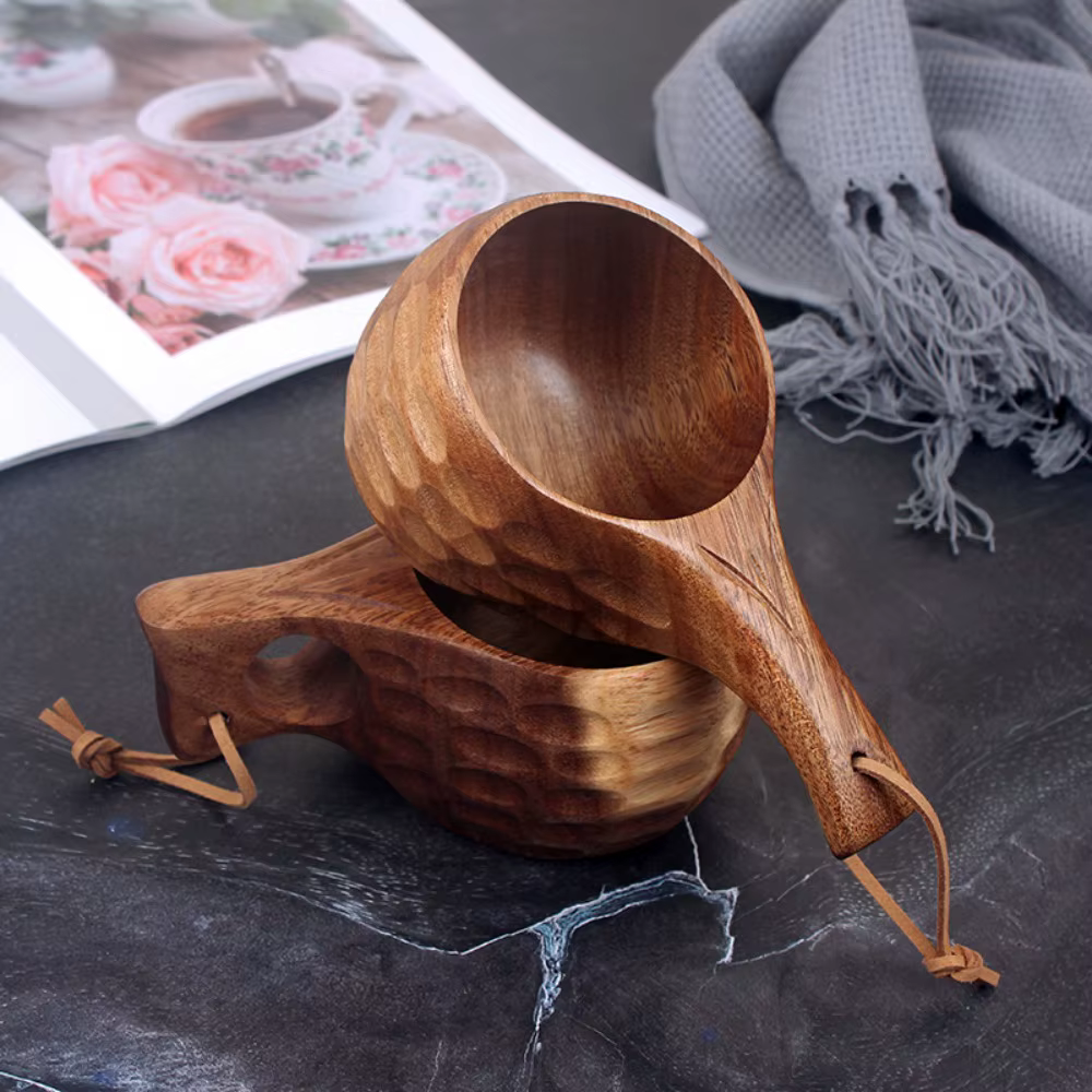 Kuksa-Tasse à café portable avec poignée en bois et caoutchouc
