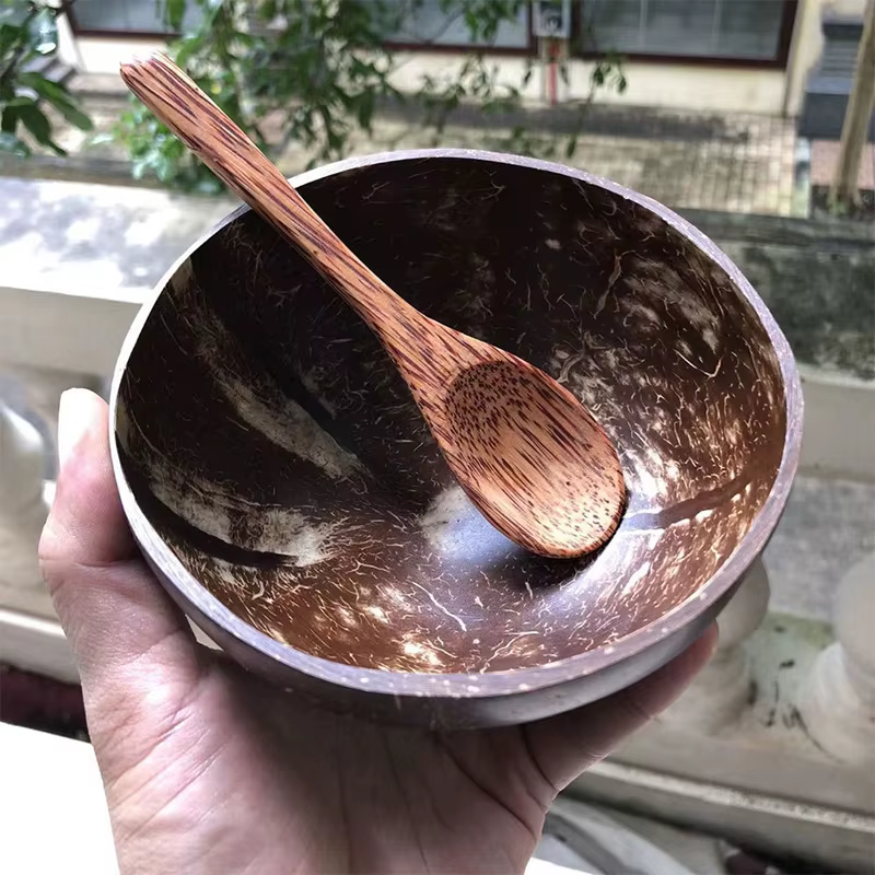 # Bol en noix de coco naturel fait main | Vaisselle écologique avec fourchette et cuillère pour dessert