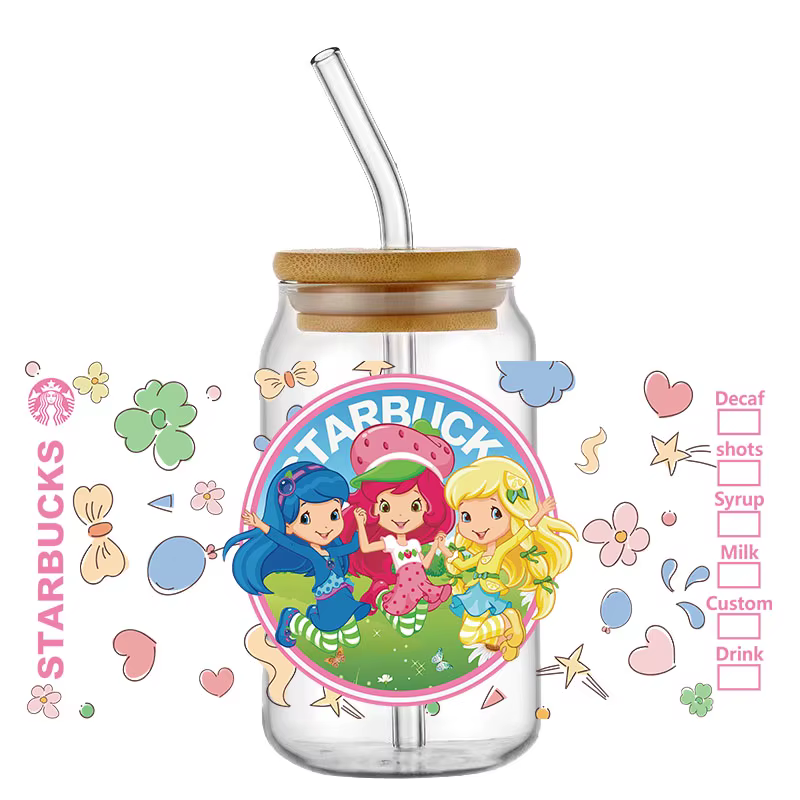Mignon baies fraise UV DTF tasse enveloppement 16oz Libbey verre bière bricolage fraise fille cadeau pour ses autocollants de transfert à la mode