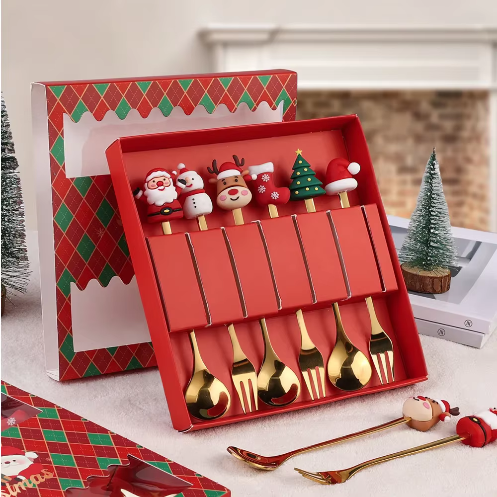 4 pièces/ensemble cadeau de noël or argent cuillère fourchette ensemble wapiti arbre