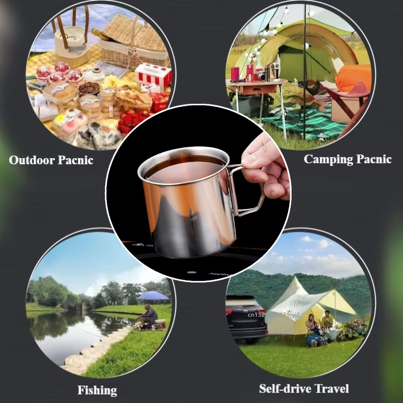 Tasse de Camping en acier inoxydable, 250/350/500/700ml, tasses d'alpinisme portables avec poignée pliable, tasse d'eau extérieure, verres