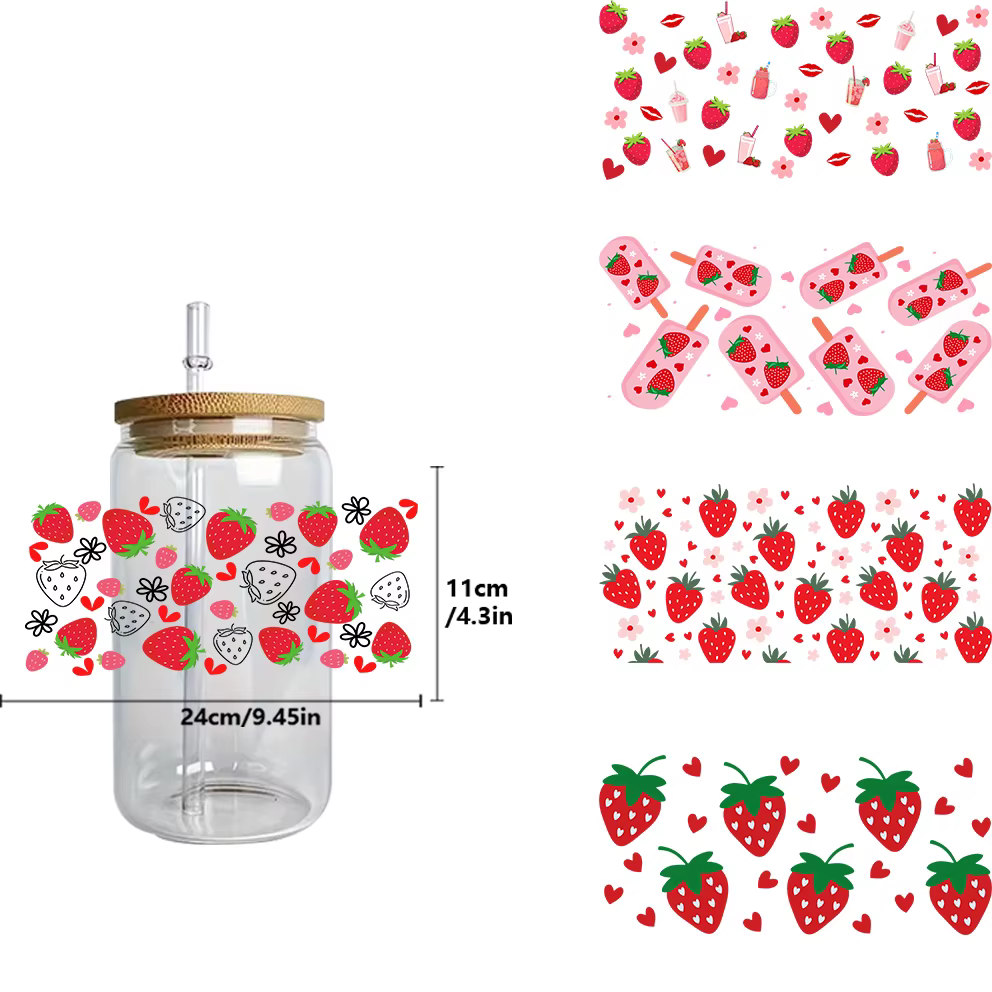 Kawaii fraise Design16oz verre mignon fille décalcomanies pour Libby tasses imperméable UV DTF Wrap transferts 3D autocollants