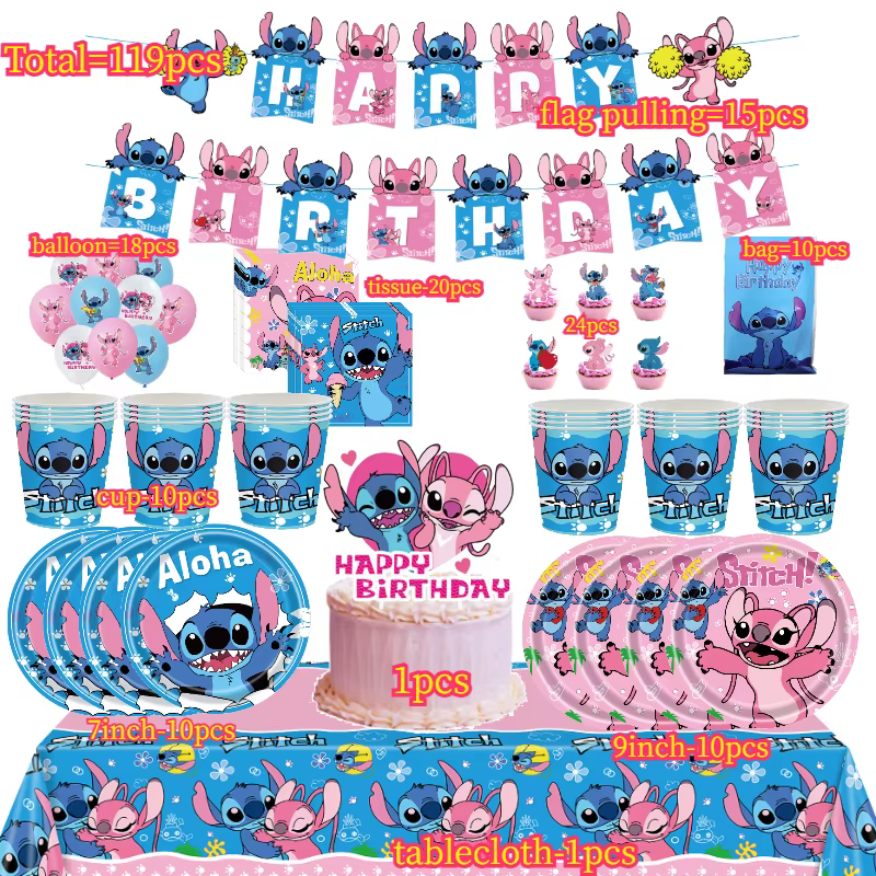 Décorations d'anniversaire Stitch & Ensemble de vaisselle