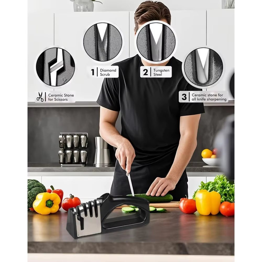 Aiguiseur de couteaux de cuisine 4 en 1, base antidérapante portable, outil d'affûtage multifonction, accessoire de cuisine