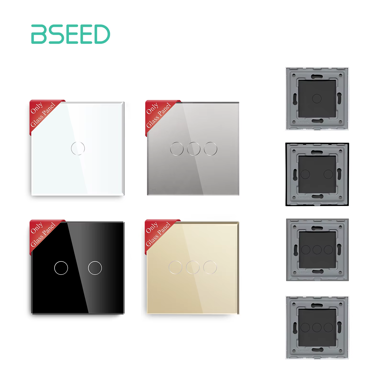 BSEED – panneau unique en verre de cristal perlé, norme européenne, 86mm, avec cadre en métal, blanc, noir, gris doré, interrupteur tactile mural, pièce de bricolage