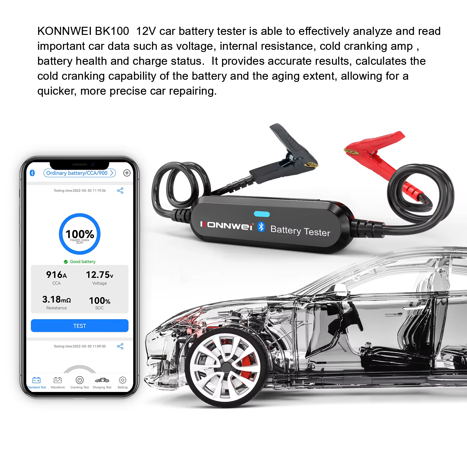 Testeur de batterie de voiture KONNWEI BK200 BK100 6V-12V-24V, contrôle par application Bluetooth pour surveiller les tests de charge, outil de diagnostic de batterie de voiture