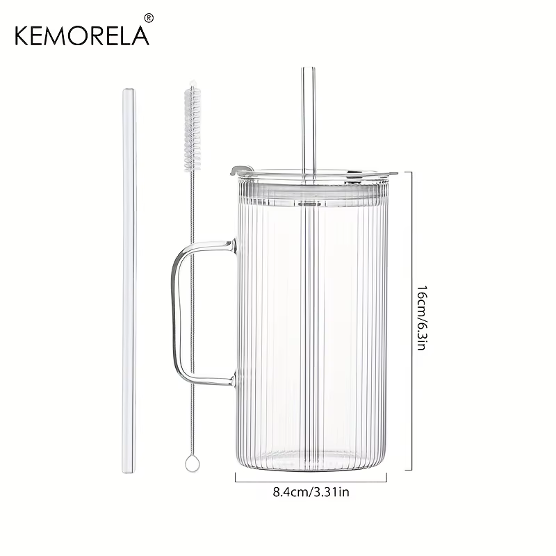 KEMORELA Grand gobelet en verre nervuré de 740 ml avec poignée et couvercle