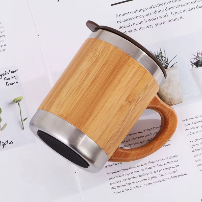 Tasse à café rustique en bambou avec poignée couvercle