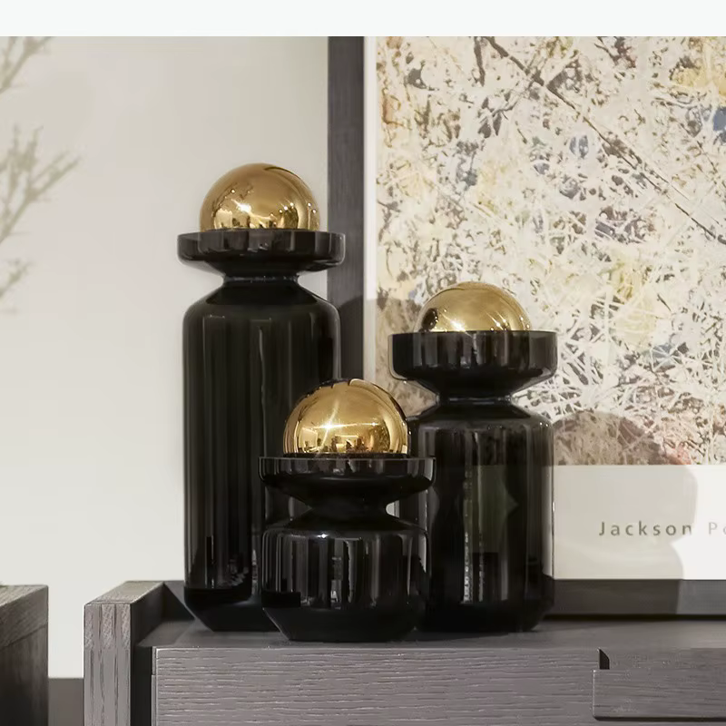 Vase en verre noir avec couvercle en boule dorée, décoration de bureau, arrangement floral, pots de fleurs hydroponiques, décoration esthétique florale pour la pièce