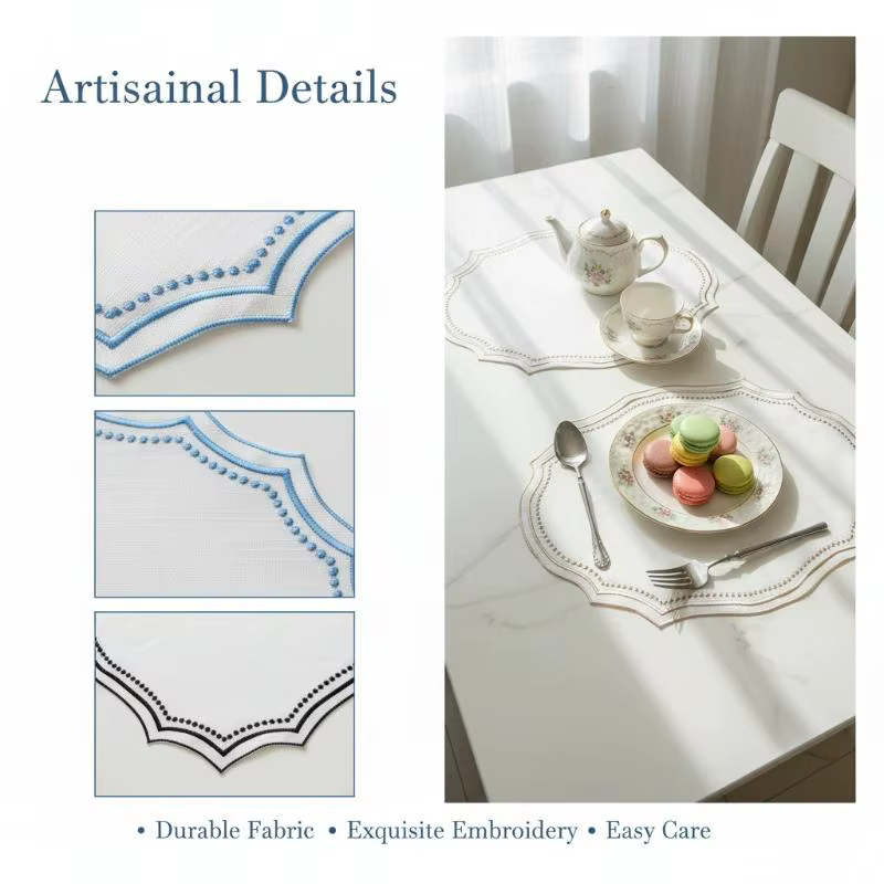 Set de table vintage brodé en tissu imitation coton-lin