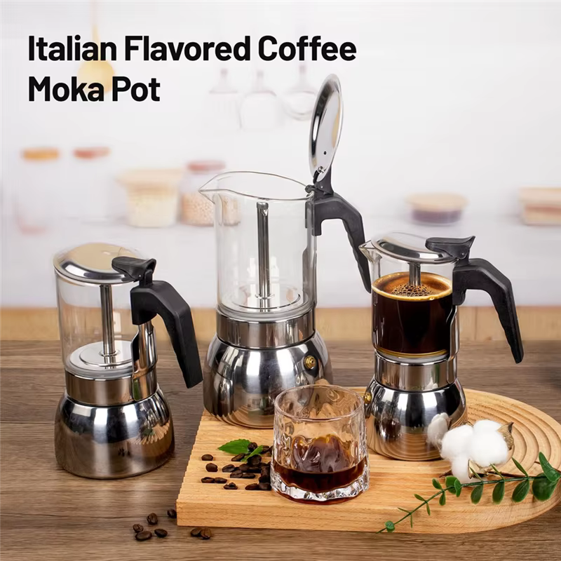 Machine à café italienne en acier inoxydable Moka Pot 9 tasses verre clair cuisinière cafetière expresso 450Ml 15Oz