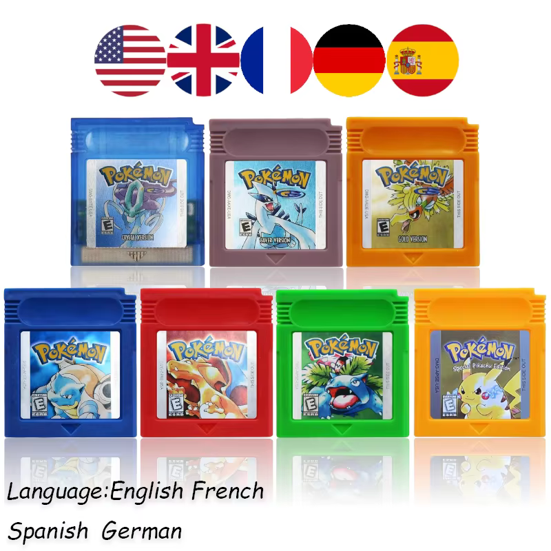 ● HOT USA ESP FRA GBC Lot de cartouches Pokémon Rouge/Bleu/Cristal/Or/Argent/Jaune/Vert Carte multilingue Carte de jeu Pokémon