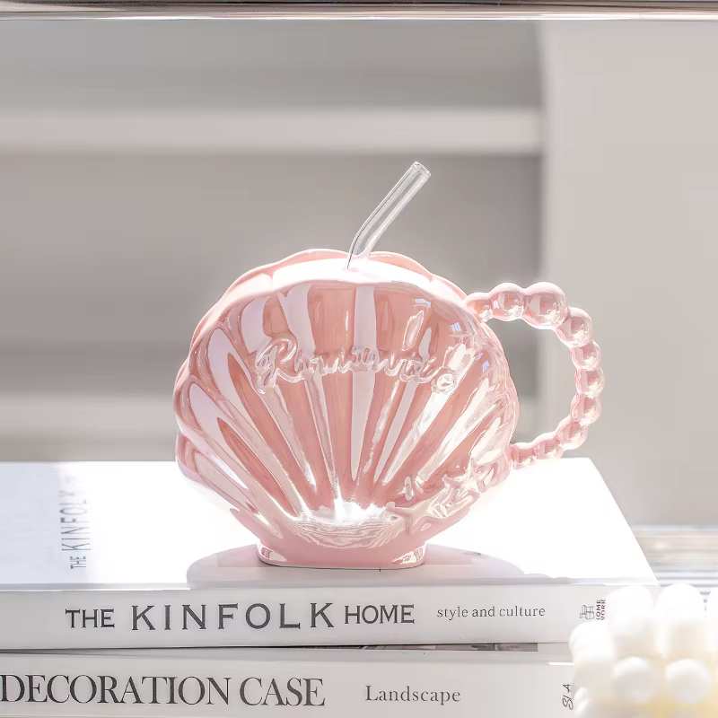 Tasse en céramique de coquille de perle haut de gamme avec paille