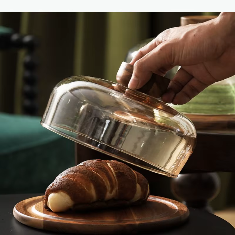 Plateau à gâteau en bois avec couvercle en verre, assiette à dessert, assiettes décoratives, assiettes de présentation, assiette à pâtisserie, plateau à thé, bol à fruits, plat à dim sum