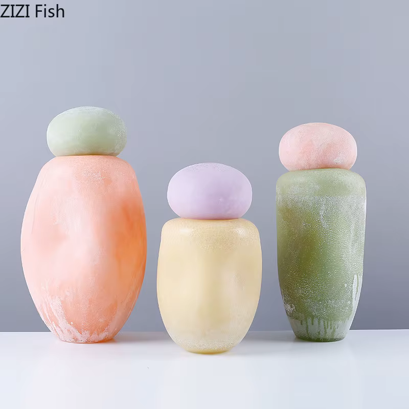 Vase en Verre Coloré avec Couvercle, Décoration de Bureau, Fleurs Artificielles, Vases Floraux Colorés, Décor Esthétique de Chambre