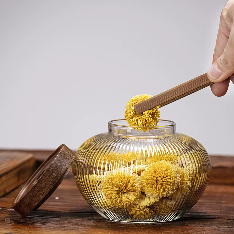 Bocal de rangement en verre avec couvercle en bois d'acacia