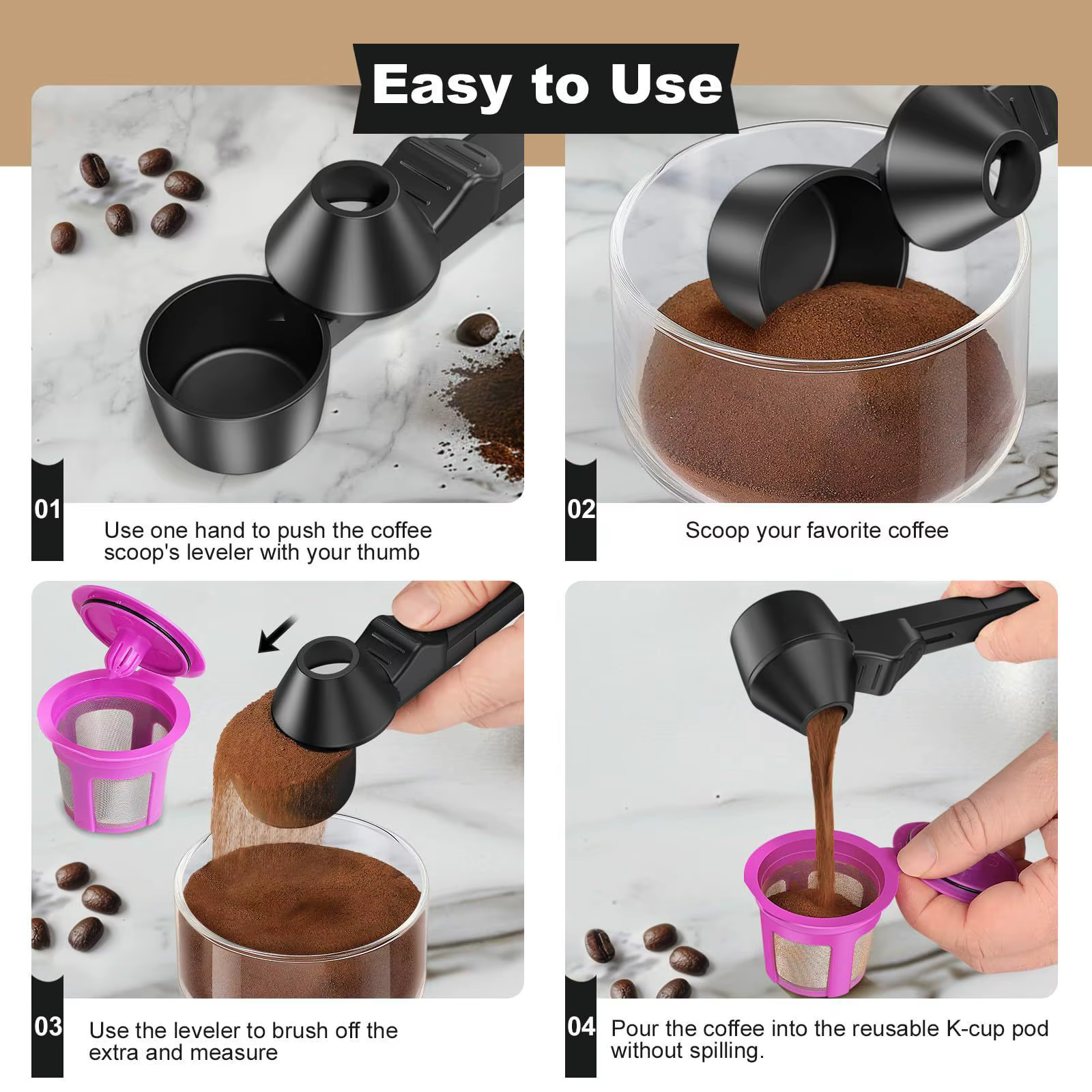 Cuillère à café avec entonnoir pour cafetière K-cup réutilisable