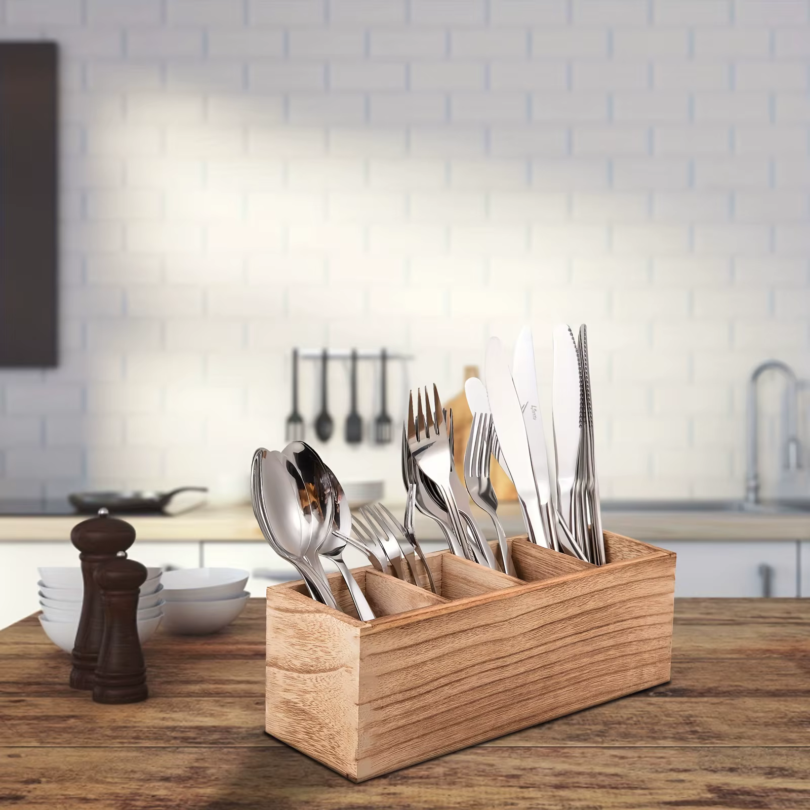 Organisateur de couverts en bois avec 4 compartiments pour ustensiles de cuisine