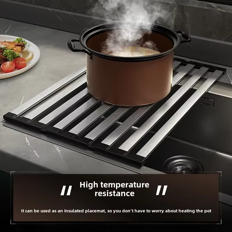 Égouttoir à vaisselle pliable et extensible en acier inoxydable 304 pour évier de cuisine