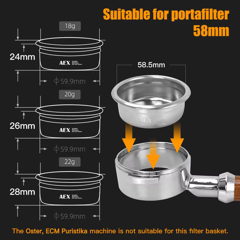 Alikisscafe 58MM panier de filtre à café 18g 22g avec écran de rondelle de 0.2mm pour E61 porte-filtre sans fond expresso Barista accessoires