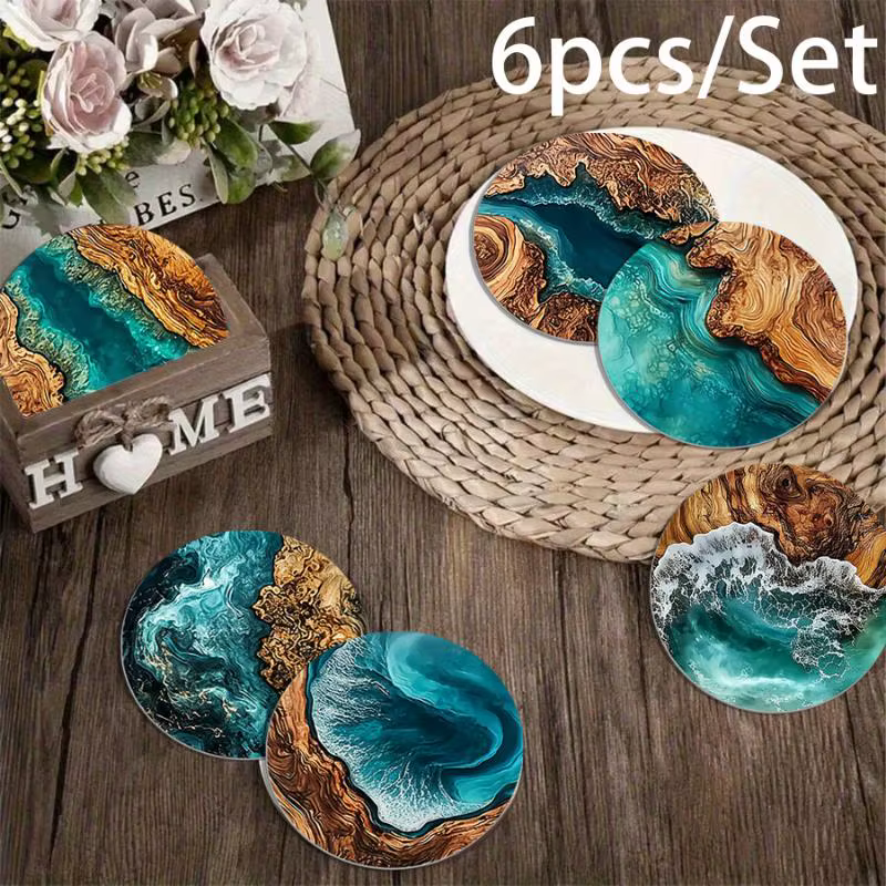 Ensemble de sous-verres à motif de vagues océaniques et de grain de bois